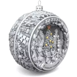 Set of 4 silver Christmas balls "Bells, Bullfinches, Nostalgia and a Happy childhood"